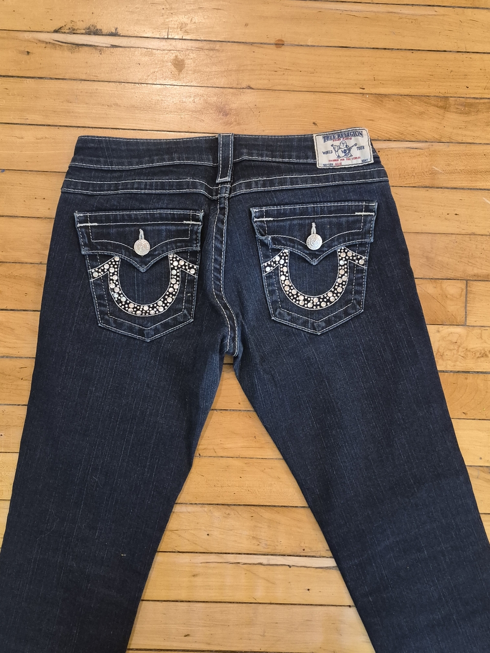 True Religion Dark Blue Skinny Jeans with Rhinestone Horseshoe Pockets